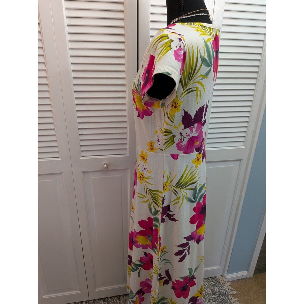 Chaps Maxi Dress sz L Cream Pink Multi Floral 100% Cotton Knit Tropical Hawaiian - Picture 9 of 13